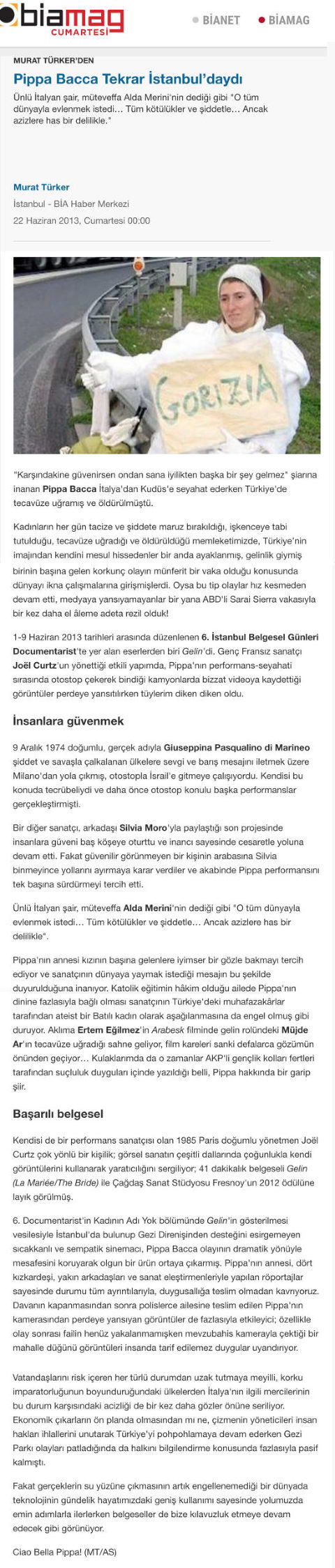 Pippa Bacca Turkish article